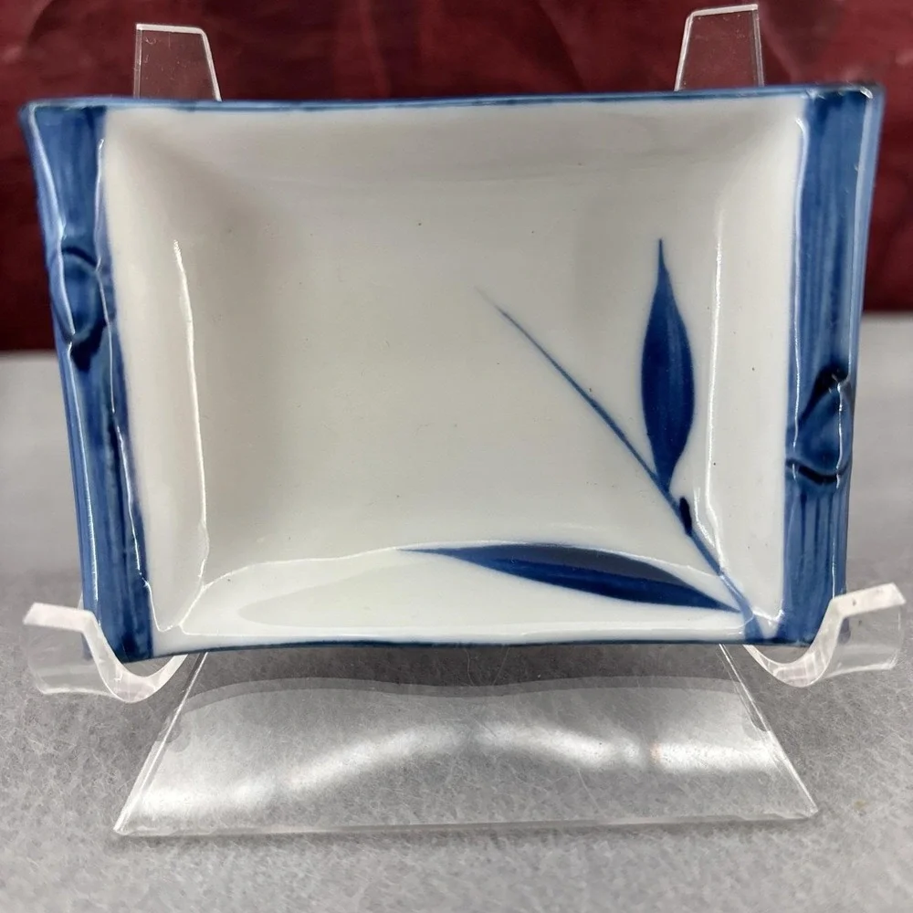 Vintage‎ Blue & White BAMBOO Design Sashimi Plate & Sauce Dishes 1970s Japan 3pc
